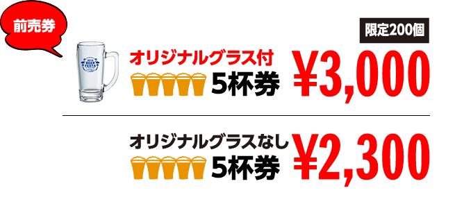 前売券 限定200個オリジナルグラス付5杯券¥3,000 オリジナルグラスなし5杯券¥2,300